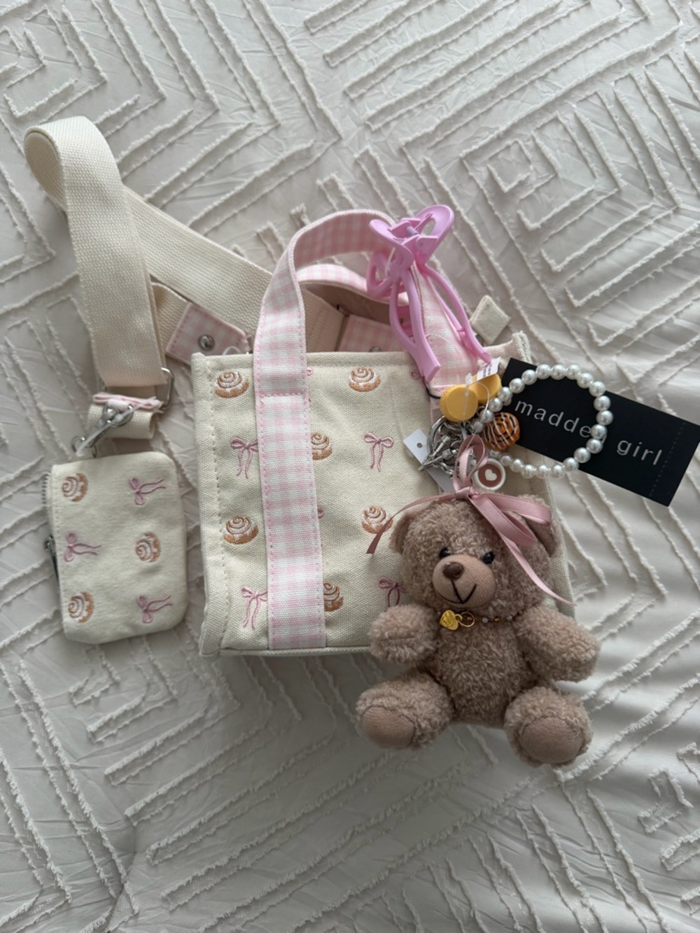 VIRAL Madden Girl embroidered cinnamon rolls & pink bows Canvas Crossbody Bag